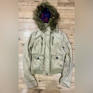 Abercrombie & Fitch Y2K Beige Jacket Fur Hood Trim VTG Full Zip Hoodie Medium